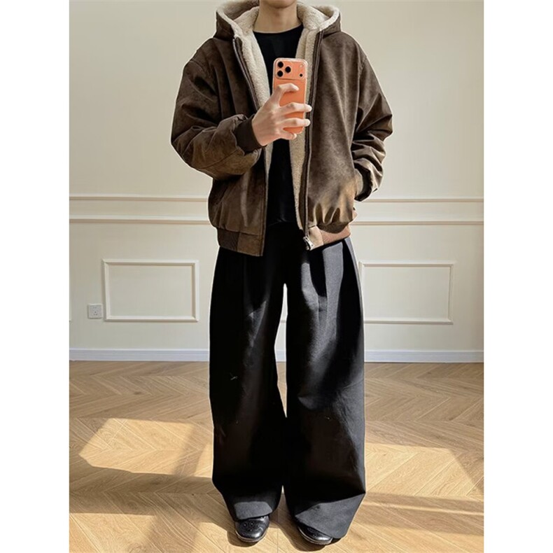 美式复古PU皮座山雕棉服男款冬季加绒加厚保暖外套仿兔毛连帽毛衣，男装针织衫/毛衣，四季星座505