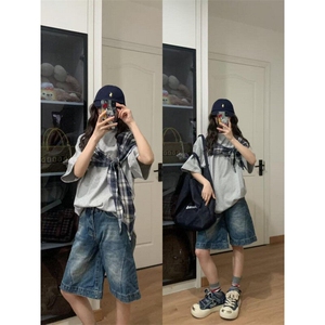 【有货】PX01HH-特P38 格子拼接蝴蝶结短袖t恤男女图片