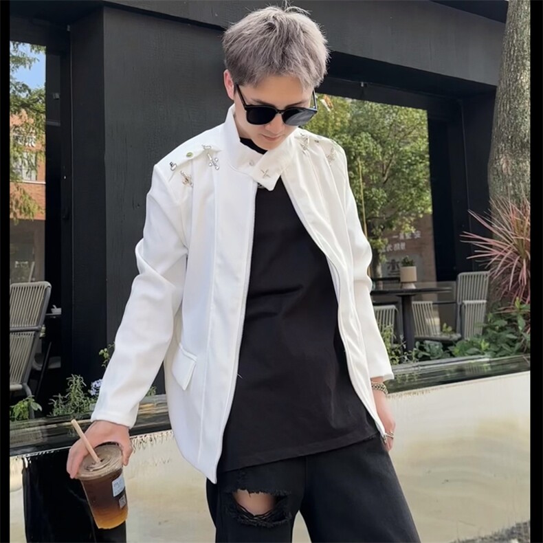 秋新款痞帅男士飞机扣金属垫肩西装暗黑胸棉拉链夹克JK117-P75,男装夹克,星座1109-3