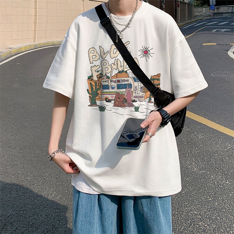 抖音供货、260克~200克现货宽松短袖T恤D223A-T23162-P25,男装T恤,电商019-1