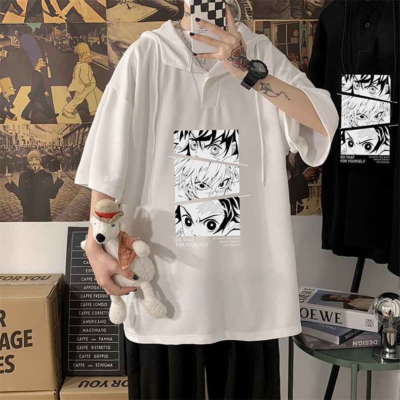 LD54176-P45连帽短袖t恤男大码胖子带帽五分袖中袖海报风,男装T恤,电商A040