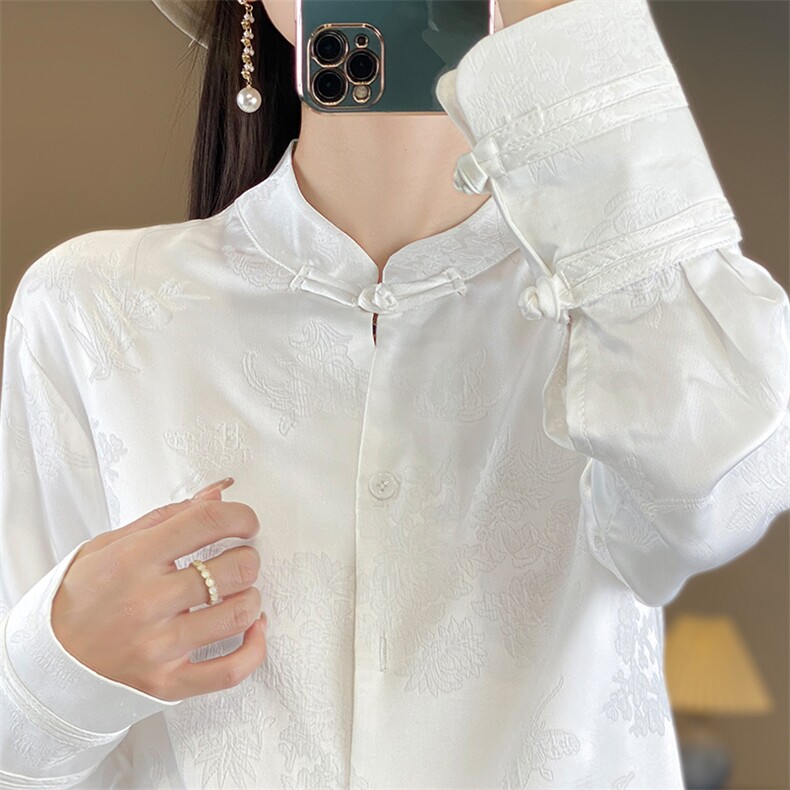 春装新款丝滑缎面衬衫女长袖立领盘扣提花新中式,女装衬衫,绒宛羊绒