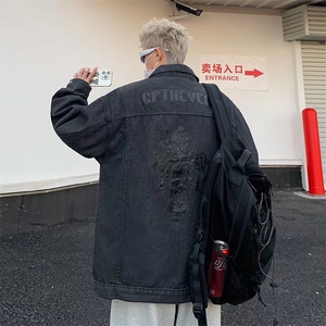 牛仔外套男生春秋季夹克潮宽松印花港风多口袋休闲工装上衣 J2153图片