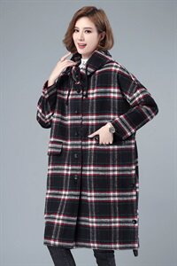 2020冬季新款休闲宽松格子呢大衣优雅保暖舒适毛呢外套图片
