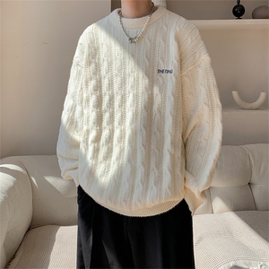 粗线麻花刺绣宽松磨毛慵懒风套头圆领毛衣男 MY6363-P60-控88图片