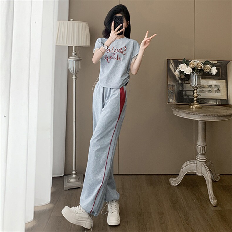 网红炸街时尚运动套装女夏季新款拼接短袖上衣高腰阔腿裤两件套潮,女装套装/套裙,江南