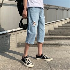 2021夏季浅色破洞牛仔裤男直筒宽松男生潮流港风七分裤男HT92，男装牛仔裤，星座509