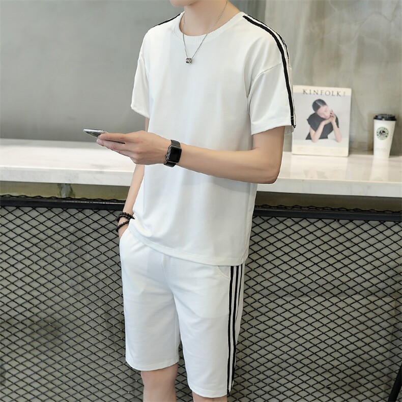 夏季薄款运动宽松青少年青春流行青春活力2021年插肩袖圆领条纹套装,男装休闲套装,电商A441