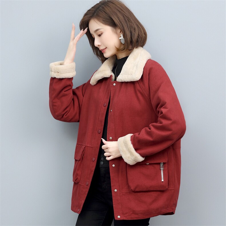 纯棉一体绒派克服女风衣大衣加厚加绒防刮防钩外套女中老年妈妈装，女装派克服，璐依舞