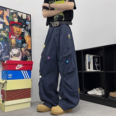 2025夏季新款直筒工装裤男女美式宽松花花刺绣伞兵裤KZ0126-P70，男装工装外套，星座308B-1