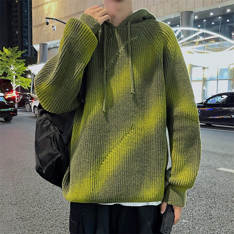 港风秋冬款男连帽毛衣破洞渐变色抽绳休闲外套M3119P65,男装针织衫/毛衣,星座1013-1