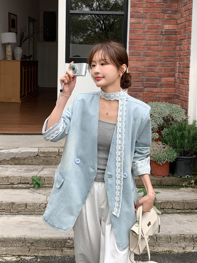 蓝色蕾丝拼接飘带牛仔外套女春秋2025新款独特漂亮休闲V领小西装,女装短外套,浙宝128A