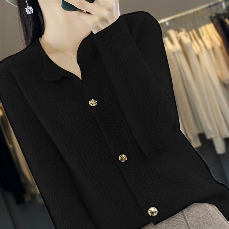 圆领提花100%纯羊毛开衫女秋冬款长袖针织毛衣外套宽松羊绒衫上衣，女装羊毛衫，迅太羊绒