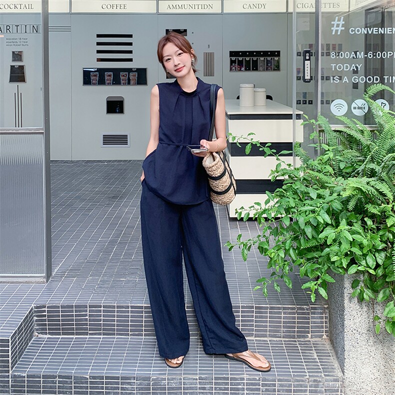韩版时尚高级感两件套女2025夏季新款无袖背心上衣阔腿裤套装潮,女装套装/套裙,2C022