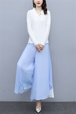 芷墨原创时尚风显瘦上衣阔腿裤裙裤两件套套装刺绣，女装套装/套裙，芷墨服饰