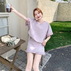 高级感紫色减龄套装女2025夏季新款韩系显瘦木耳边上衣短裙两件套，女装套装/套裙，2C050