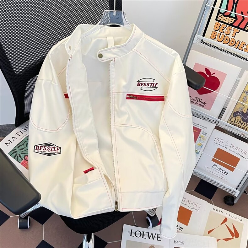 美式高街白色立领pu皮衣外套男士春秋百塔机车服夹克W6710/P66,男装夹克,星座506B