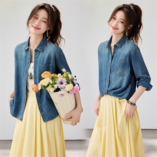 韩系松弛感牛仔衬衫女2026春款叠穿百搭长袖上衣韩版气质内搭外套，女装衬衫，艾米