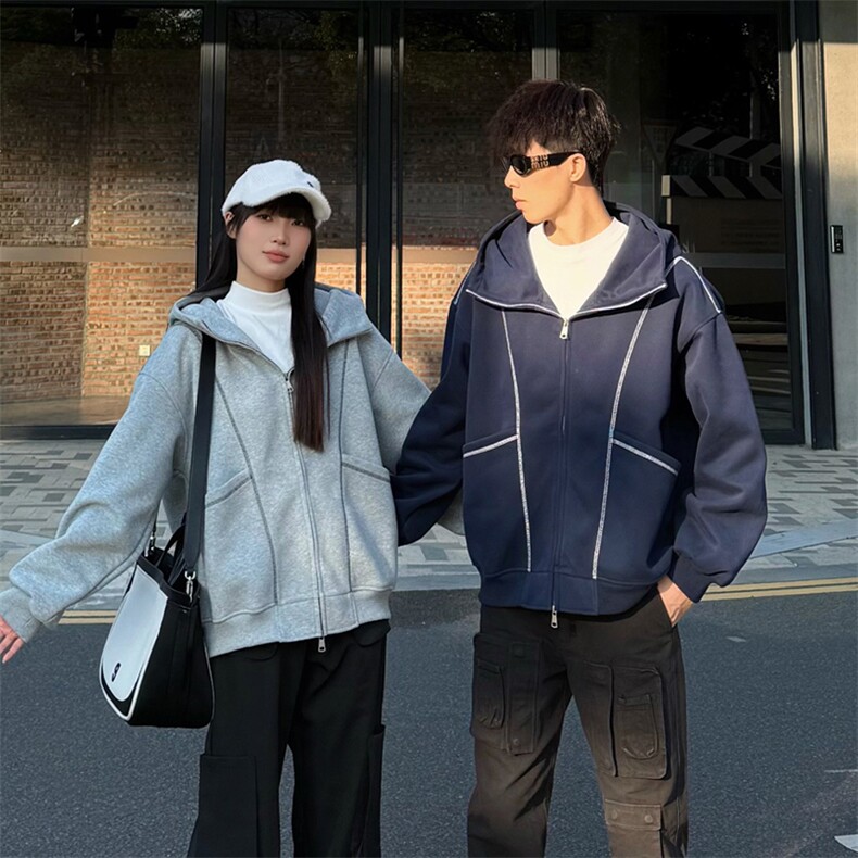 抖音得物高品质秋冬美式高街重磅结构辑明线纹理连帽卫衣外套W111,男装卫衣,电商A486