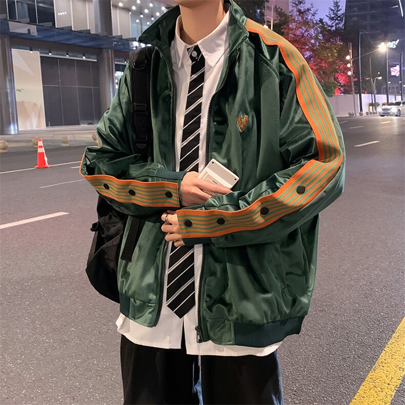 拼接条纹排扣宽松丝绒夹克外套男J112P60图片