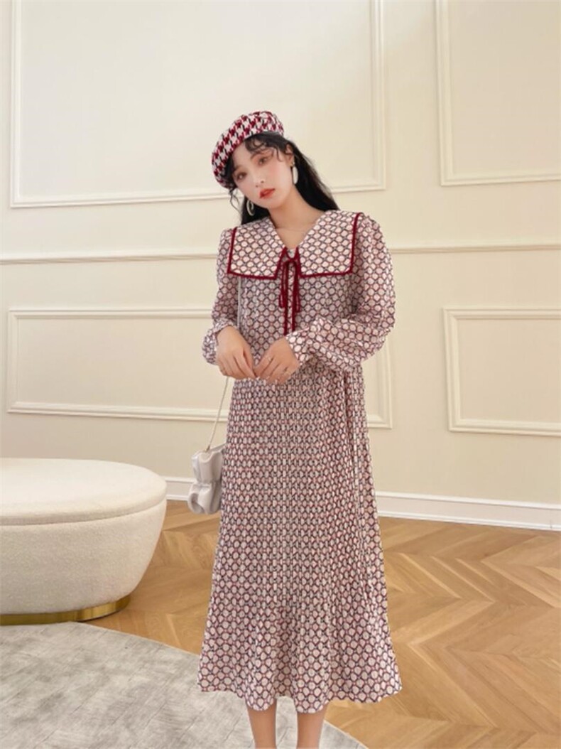 海军领碎花连衣裙，女装连衣裙，安玖拉