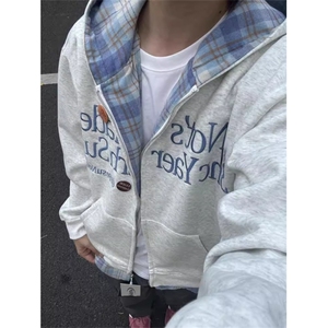美式字母刺绣卫衣外套男女秋冬季假两件格子拼接连帽开衫WY7058图片