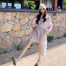 粉紫色衬衫百褶裙套装女夏2025新款小个子两件套韩系慵懒chic绝美，女装套装/套裙，2C258