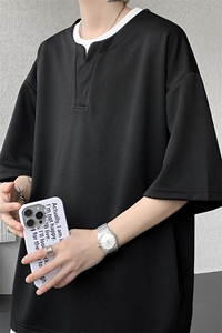 8XL-M重磅斜纹假两件短袖t恤男夏季薄款宽松大码半袖体恤DT006P45图片