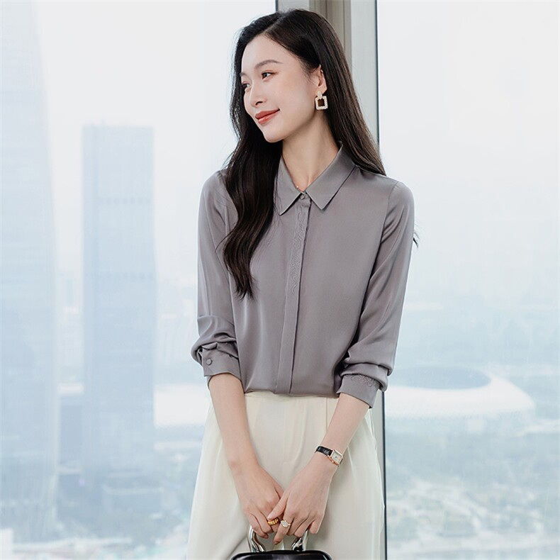 纯色绣花真丝衬衫女长袖宽松2026春季妈妈纯色衬衣显瘦真丝上衣,女装衬衫,阿舍尔精品