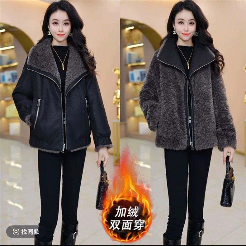 【大货已出】两面穿时尚荔枝皮毛一体皮衣外套气质保暖加绒上衣女，女装皮草，韩蔻秀