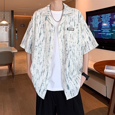 扎染新款短袖花衬衫男2025夏季潮牌贴标设计感条纹五分袖男生衬衣，男装T恤，星座506A
