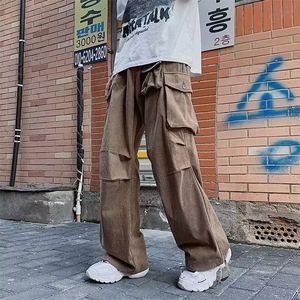 现货复古多阔腿黑色重磅灯芯绒裤子男款潮流宽松口袋长裤运动休闲