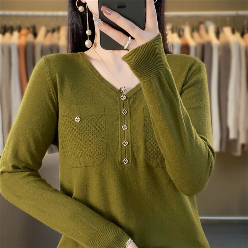 时尚女装黑色V领长袖针织衫修身显瘦花苞扣设计优雅百搭毛衣,针织衫/毛衣,暖姿羊绒