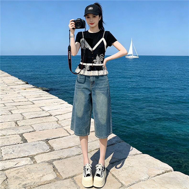 高级感时尚休闲套装夏圆领刺绣蕾丝拼接假两件上衣牛仔中裤两件套,女装套装/套裙,江南