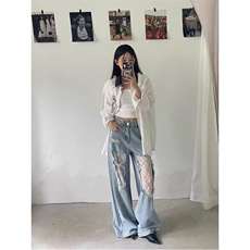 2025美式破洞蕾丝拼接拖地牛仔裤女辣妹高街设计感复古宽松慵懒阔，女装牛仔裤，星座302B-2
