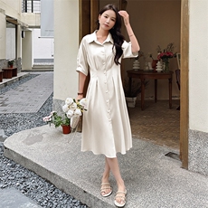 法式长款粉色衬衫收腰连衣裙女2024春秋季新款温柔风气质长裙子潮，女装连衣裙，浙宝276（原081）