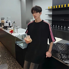 抖音得物品质二开240克宽松纯棉美式潮牌印花三条杠中性风短袖T恤，男装T恤，电商A486
