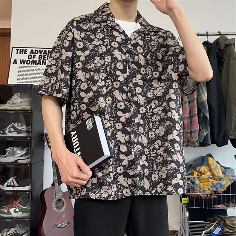 复古痞帅黑花短袖衬衫男女款休闲宽松衬衣外套DX101-特P30 限价48图片