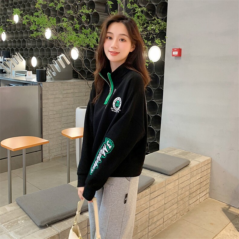 黑色刺绣套头卫衣女宽松嘻哈中性风运动休闲套装长袖2022年春季新,女装卫衣/绒衫,梦懿尔