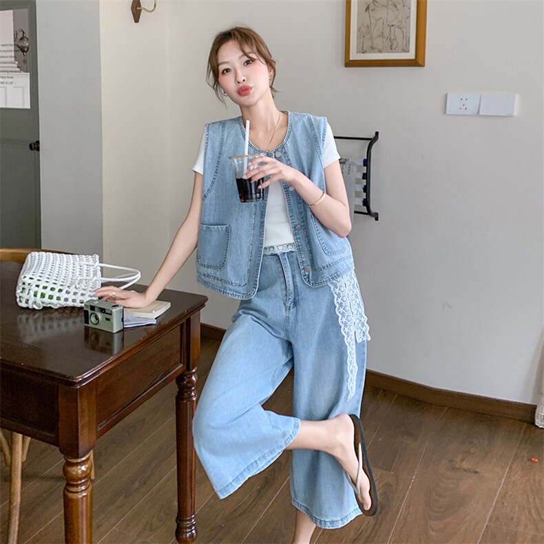 减龄时尚牛仔马甲阔腿裤套装女夏ootd穿搭减龄三件套今年流行爆款,女装套装/套裙,2C236