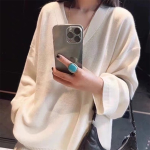 时尚慵懒风宽松显瘦V领羊毛针织衫女春季新款百搭气质长袖上衣图片