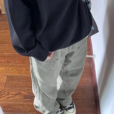 美式复古水洗做旧铆钉褶皱伐木工装裤hiphop炸街裤子男微喇牛仔裤，男装牛仔裤，星座506A