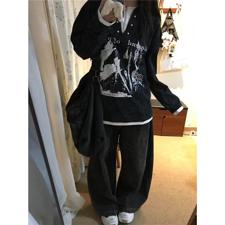 AA2009P42假两件卫衣男女同款春秋新款骑士印花宽松长袖T恤,男装T恤,电商B323A