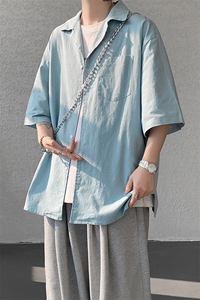 日系复古亚麻短袖衬衫男款夏季薄款古巴领衬衣潮牌重磅五分袖外套图片