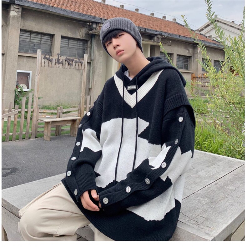 LY0835-P62美式复古连帽针织衫潮牌男女撞色假两件鹿毛绒毛线衣服,男装针织衫/毛衣,电商C233