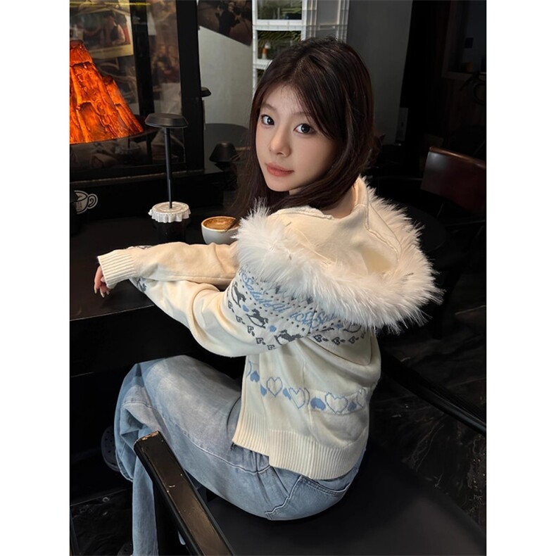 MY9242-P63费尔岛白色毛领连帽毛衣外套男女秋冬新款慵懒风,男装针织衫/毛衣,电商B323A