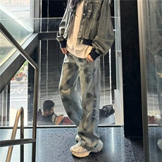 复古蓝高街扎染牛仔裤男2025新款痞帅直筒脏脏裤子RK3043-P42，男装牛仔裤，星座412-1