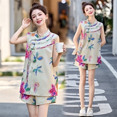 新中式盘扣印花旗袍套装女2025夏新款国风时髦无袖背心短裤两件套，女装套装/套裙，橙子家