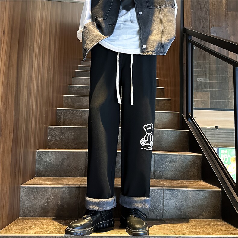 k1065J-p65-控88M-5XL发泡印花水晶绒加绒港风高阶宽松牛仔裤微喇,男装牛仔裤,星座116