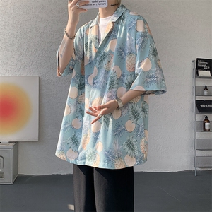 泰国花沙滩衬衫男款夏季凉感冰丝胖子加肥加大码海边度假短袖衬衣图片